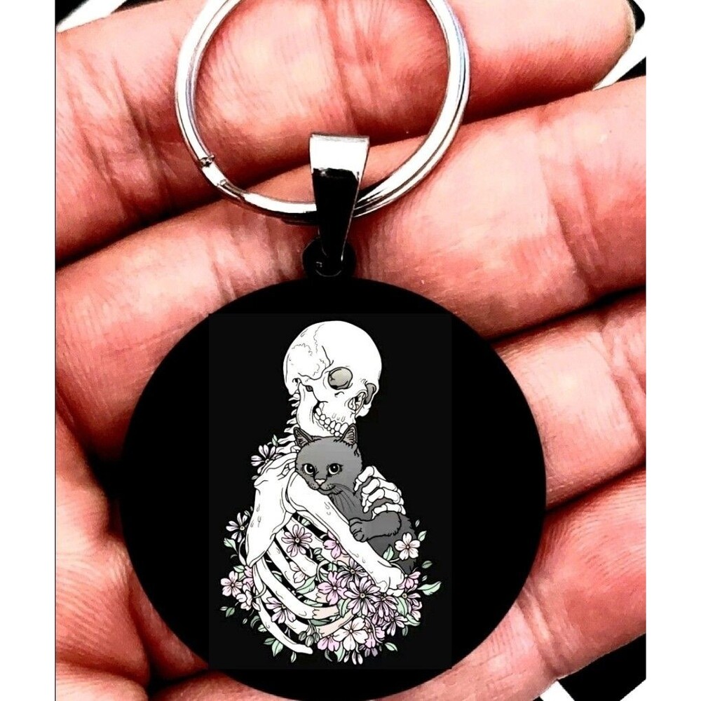 Skeleton Kitty Cat Love Hot Art Steel Keychain
